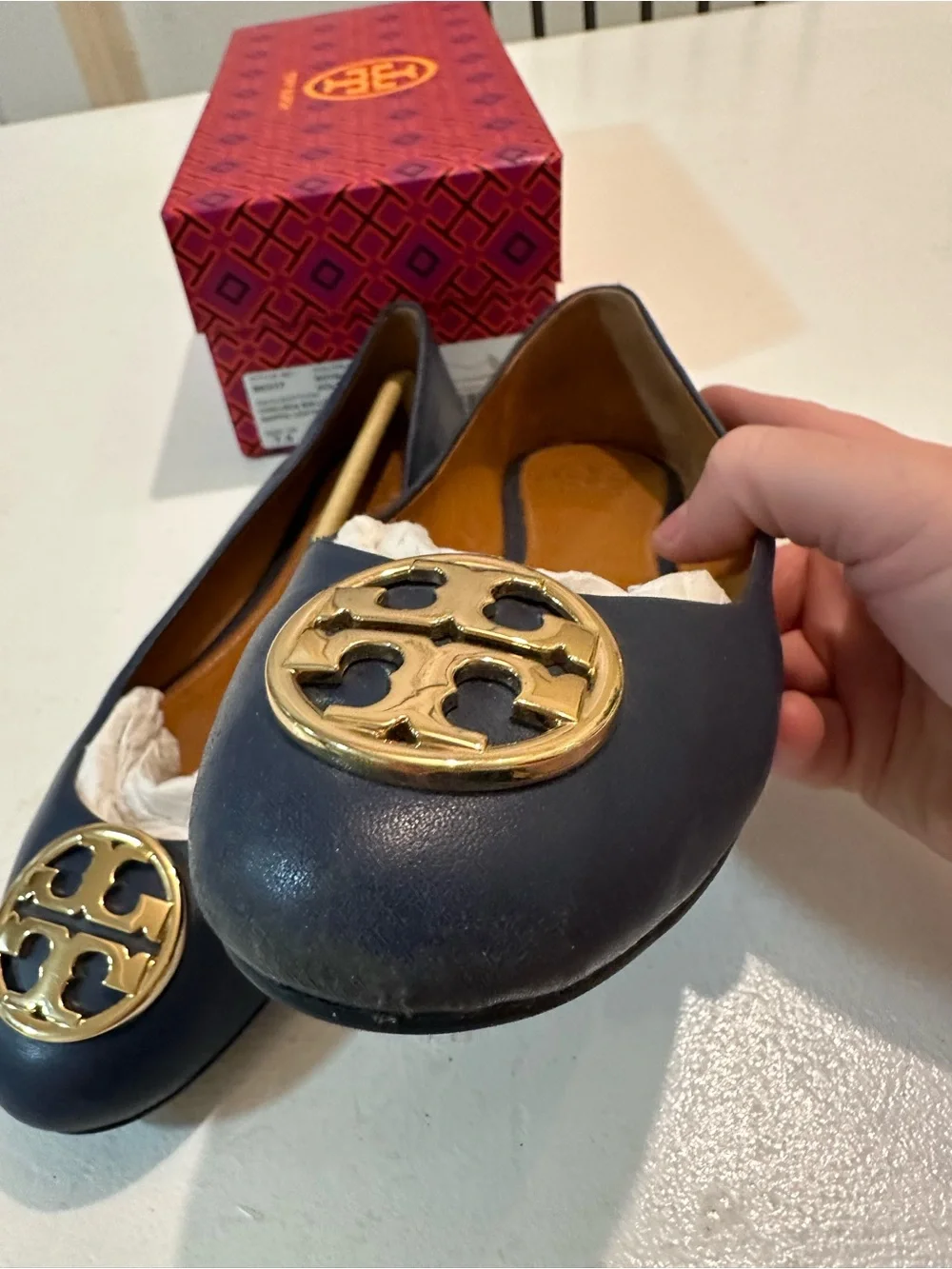 Tory Burch Chelsea Ballet Flat in Royal Navy with Gold Logo Medallion